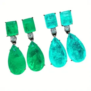 1 pair of copper alloy emerald teardrop earrings | synthetic spinel, dangling earrings, suitable for daily and evening wear, suitable for all seasons