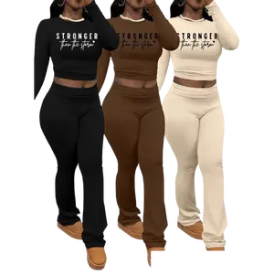 Chic Women's Letter Print Long Sleeve Crop Top & Leggings Set - Cozy Casual Outfit for Spring & Fall Outdoor Adventures Fashion Sportswear Athletic Tracksuit