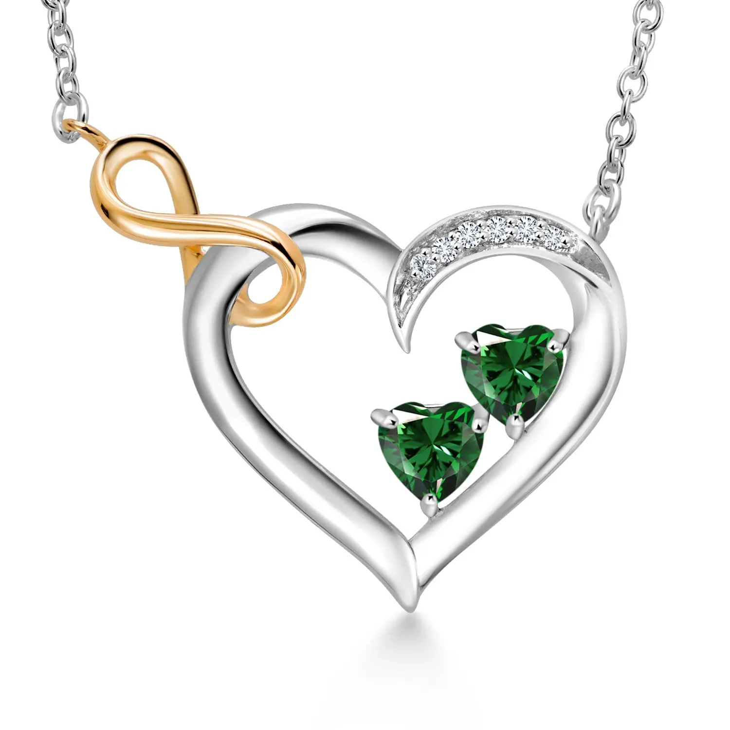 925 Sterling Silver and 10K Yellow Gold Green Nano Emerald and White Lab Grown Diamond Infinity Heart Pendant Necklace For Women | 0.83 Cttw | Heart Shape 4MM | 18 Inch Chain