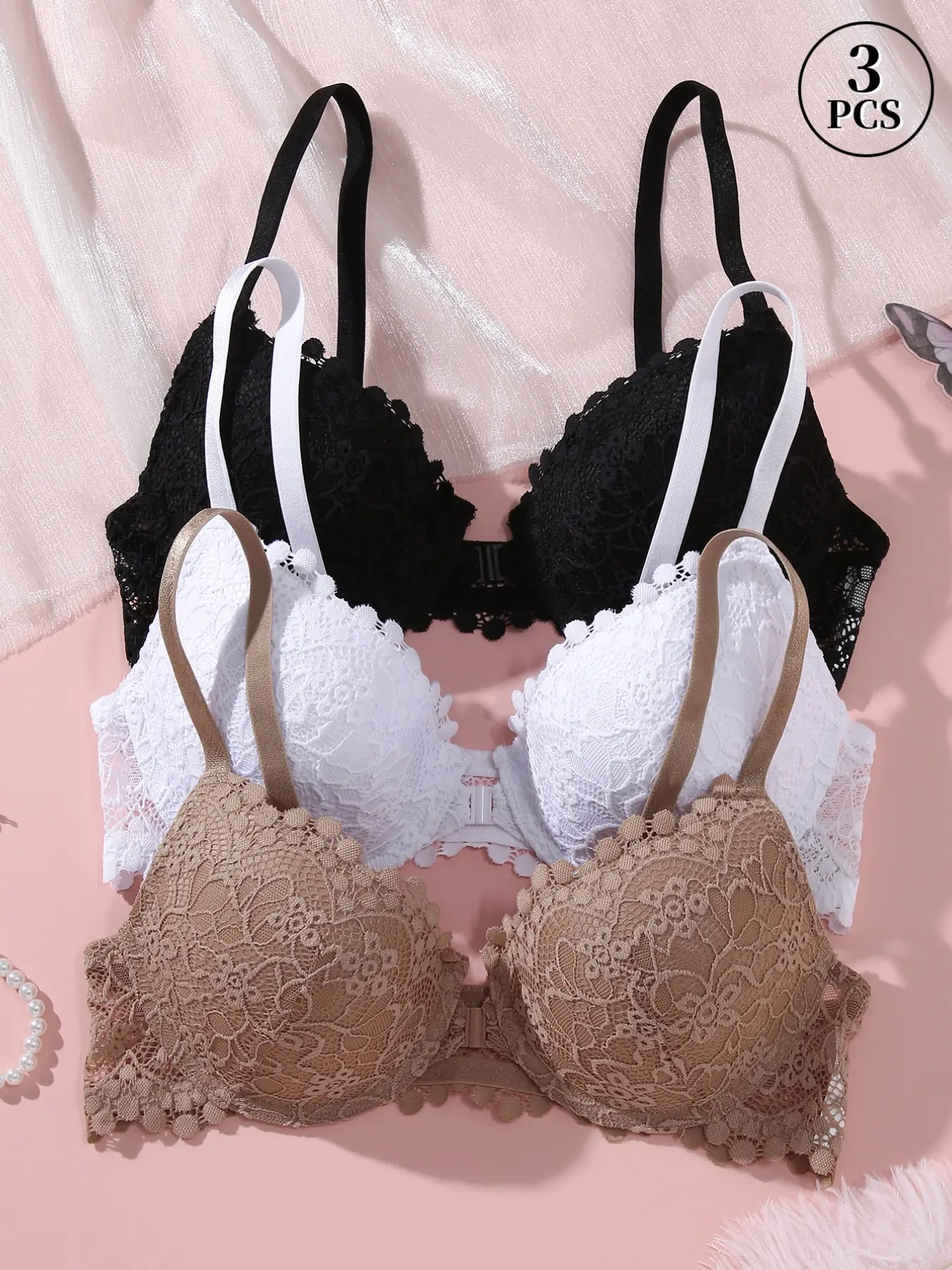 3PCS Lace Front Buckle Push-Up Bra,Natural Add cup Underwire Anti‑sagging Deep V Buttery Soft Elegant Bra Breathable Adjustable Straps, for Daily Wear Backless Dates Plunge Bras Lingerie Underwear Womenswear