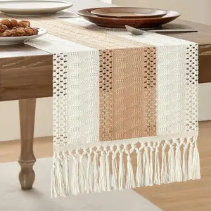 Bohemian Macrame Table Runner 180cmx30cm 70in*11.81in Cotton Linen Woven Tassel Table Decor for Boho Home, Dining Room, Wedding, Farmhouse, Rustic Kitchen Tabletop Accent (Beige & Brown)