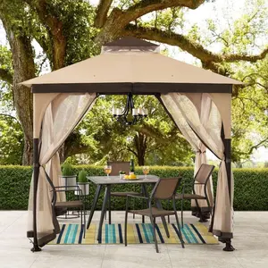 SUNJOY 9x9 Soft Top Garden Gazebo with Mosquito Netting – Beige & Brown