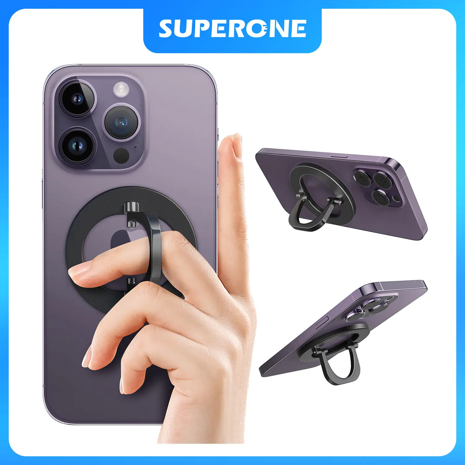 SUPERONE MagSafe Magnetic Phone Mount & Grip - N55 Magnets, 360-Degree Rotatable 2-IN-1 Adjustable Folding Ring Holder & Stand, Ergonomic Design, Rainbow Option, Smartphone Accessories for iPhone 2-17 Series, Silver Armrest Charger Users summerwins