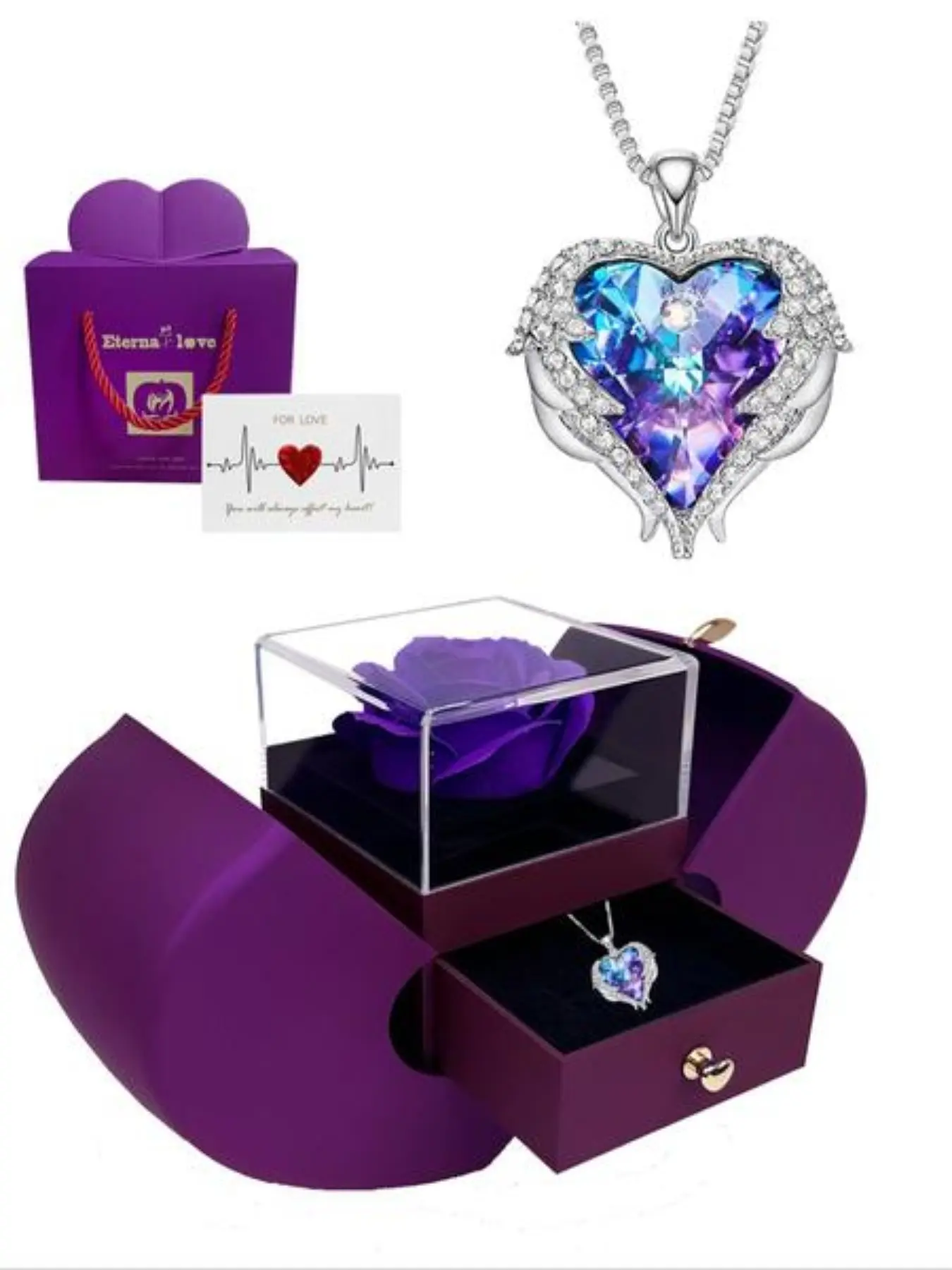 Ocean Heart Crystal Pendant Necklace Set, Heart Shaped Necklace, Love Necklace, Gift Box Included, Perfect for Mother's Day, Valentine's Day, Christmas, Anniversary, Birthday