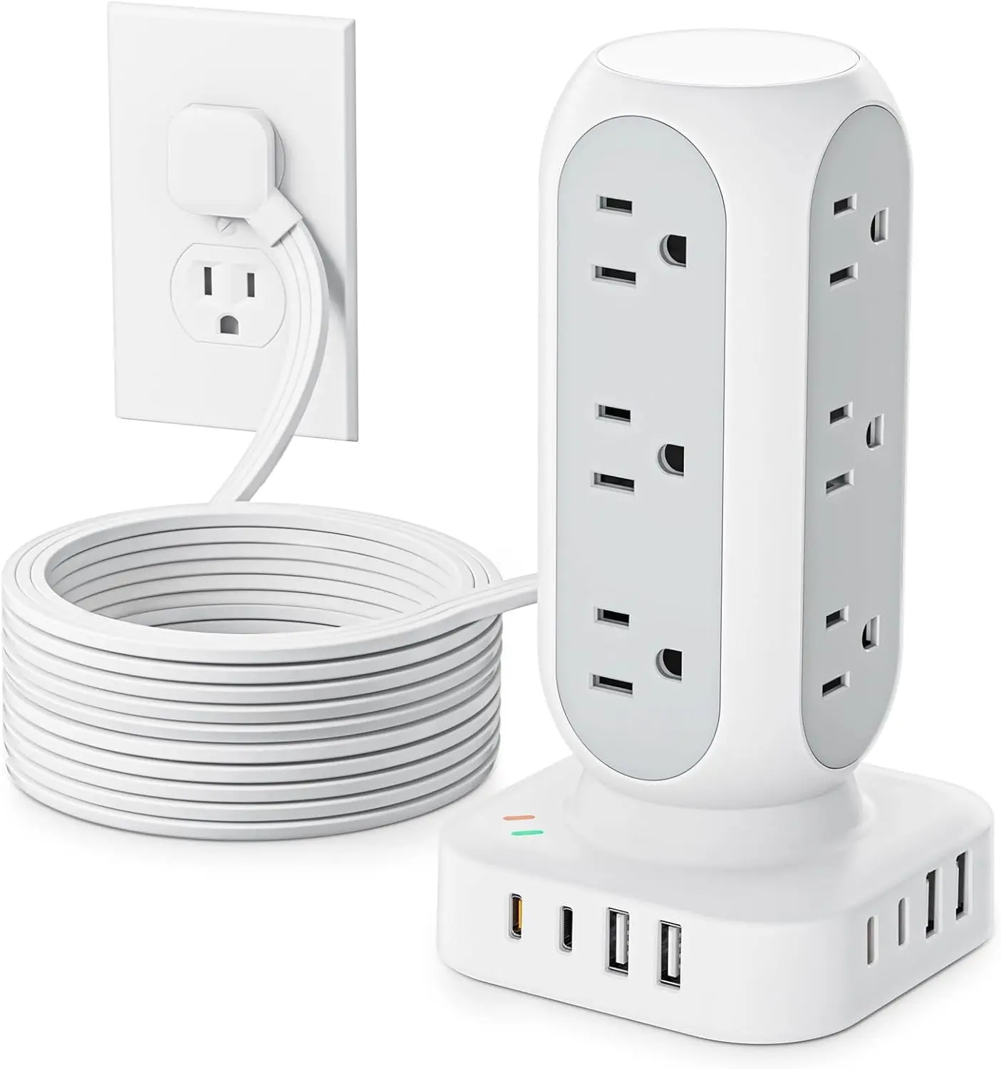 Flat Plug Power Strip Tower 10FT, 40W Total   Station, Dual PD 20W USB-C Surge Protector with 12 AC Outlets and 8 USB Ports (4 USB C), Long Extension Cord for  Office Dorm Room