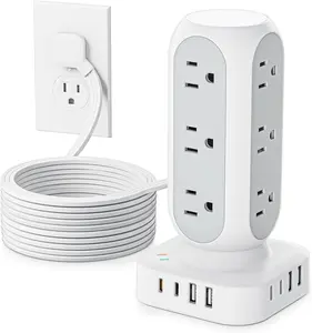 Flat Plug Power Strip Tower 10FT, 40W Total   Station, Dual PD 20W USB-C Surge Protector with 12 AC Outlets and 8 USB Ports (4 USB C), Long Extension Cord for  Office Dorm Room