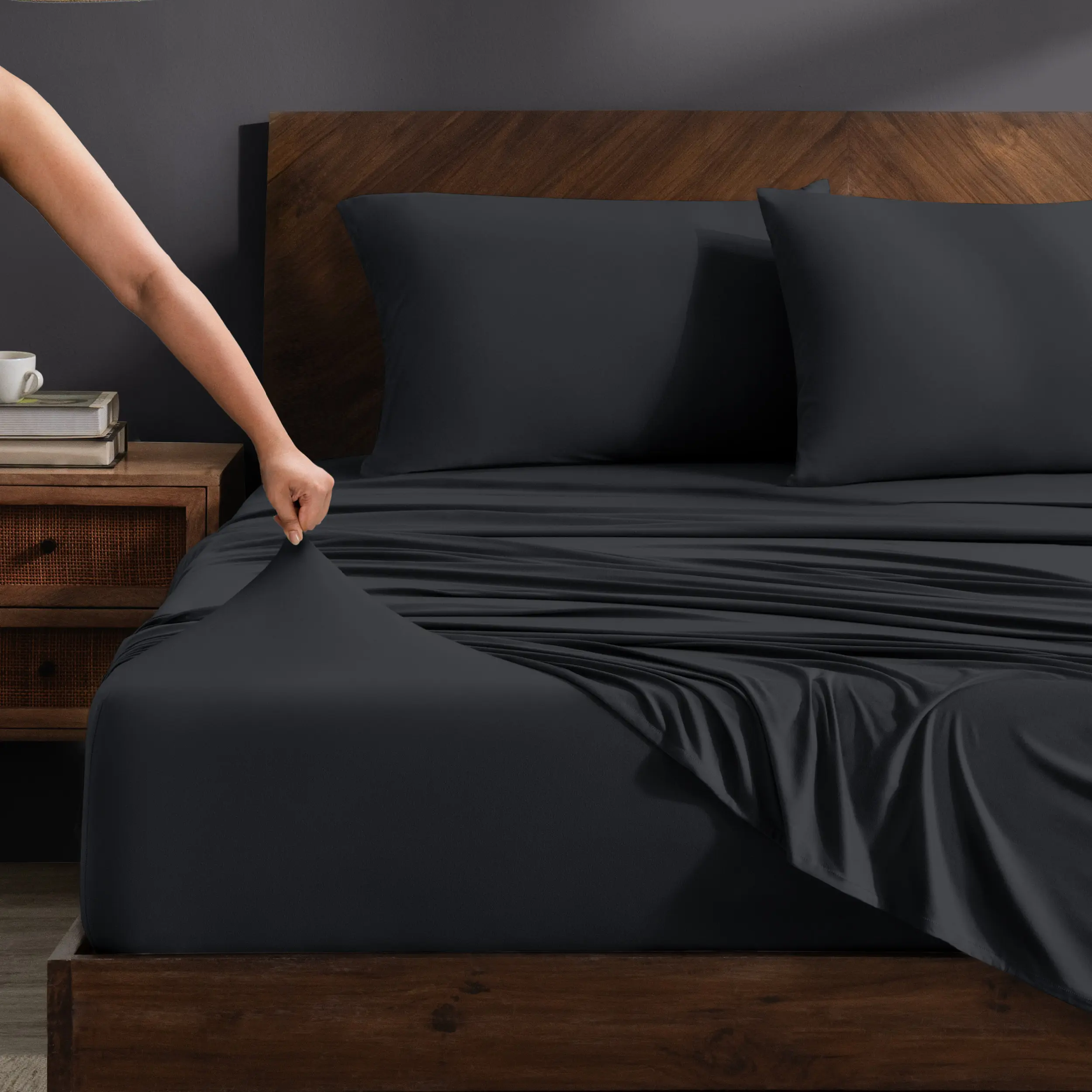 Bare Home 4-Way Stretch Knitted Bed Sheet Sets - Poly+Spandex Fabric, Solid Colors, All Seasons, Soft Breathable, Fade Resistant, Durable, Stay-Put Fit, Machine Washable, Complete Set, Fits 18" Deep Mattresses, Soft Microfiber Bedding
