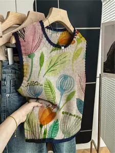 1 + Spring and summer back to school casual loose round neck sleeveless wool contrast color dark blue stitching and matching color a variety of floral print knit blouse women's outerwear blouse, with a vest, wear alone Knitwear Knitting