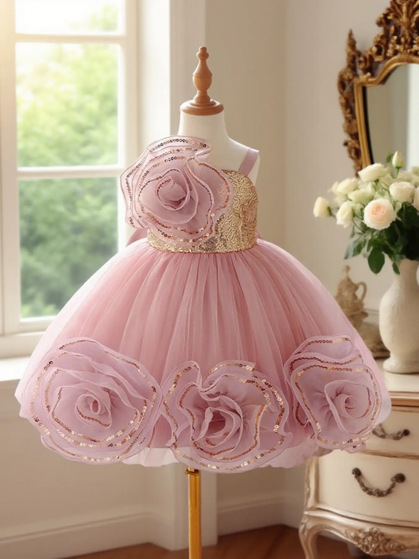 Girls' Large Flower Embroidered Dress High-end Dress Pink Sweet Dress Suitable for Piano Performance Birthday Party, Tulle Overlay Dress, Princess Dre