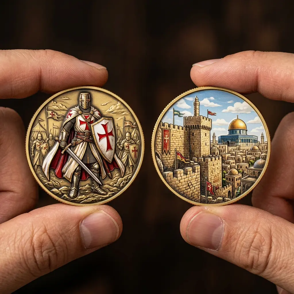 2-Sided Knights Templar Metal Coin, Crusader Medieval Warrior Collectible, Christian History Home Decor Fengshui Ornament Gift