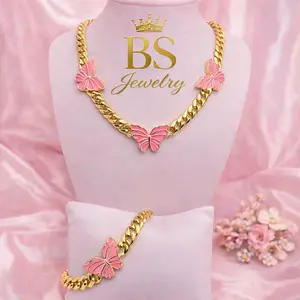 BS Jewelry Gold Chain Necklace & Bracelet Set with Pink Butterfly Charms for Women 18 inch length