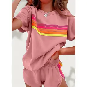 Rainbow Modern Minimalist Duo All-Day Comfort Bundle Tonal Contrast Lounge Set for Zoom Calls Coffee Breaks 2-piece Set Short Casual Elastic Polyester Spandex Fabric Breathable Homewear 2 piece sets women outfits women Clothes Cotton