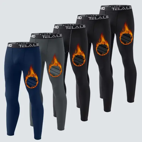 Veldtholos 5 Pack Men's Thermal Compression Pants with Fleece Lined Breathable, 4-Way Stretch, Compression, Moisture wicking, Winter Gear Athletic Base Layer Leggings