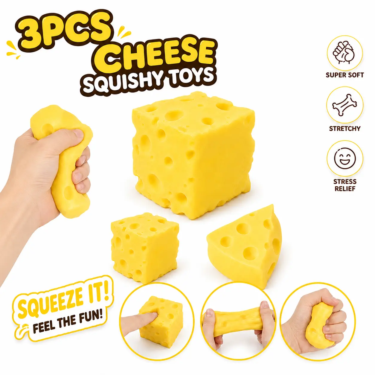 Buy 1 Get 2 Free Crunchy Cheese Squishy Toy– Cheese Squishy Fidget Toys for Kids & Adults, Soft Sensory Toys, Squishy Fidgets, Realistic Stress Relief Toy, Cute Desk Decor, Anxiety Relief, Creative Holiday Gift
