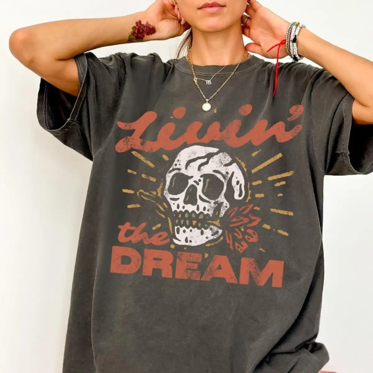 Comfort Colors Livin' the Dream T-Shirt, Vintage Distressed Skull TShirt, Oversized Retro Grunge Tee, Trendy Grunge Indie Boho Graphic Tee