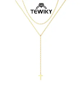 Tewiky Lariat Lip Chain  Necklace&Earringsfor Women, Dainty Long Necklace Gold Y-Shaped Cross Pendant Necklace Trendy Layered Cz Beaded Chain Drop Necklaces Simple Gold Easter Jewelry Set For Women Gift