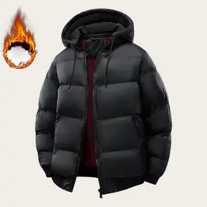 Men's stylish solid color hooded cotton jacket, puffer jacket men, outdoor street vintage style casual jacket, thickened windproof warm long sleeve coat, suitable for autumn and winter daily activities and mountain skiing wear