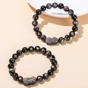 Natural Silver Obsidian Bracelet 12mm Beads With Pixiu, Welcome to Choose the Item in Live Stream, Silver Obsidian Bracelet Gift, Bracelet Gift, Crystal Jewelry, Crystal Bracelet