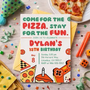 Pizza 13th Birthday Invitation for Teen Boys Printed Pizza Party Gamer Birthday Cards High-Quality Cardstock Vibrant Professional Printing Optional Envelopes Available