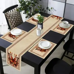 1 piece/5 piece set/7 piece set of wood grain and Floral Pattern Placemat with butterfly and chrysanthemum design - suitable for rural indoor/outdoor dining table decoration, suitable for family parties, daily dining, and holiday dining decoration