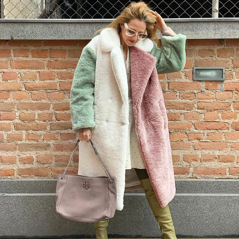 Color matching Rex rabbit fur coat autumn and winter thickened long imitation fur fur coat