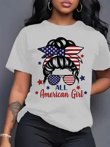[American Flag Women's Top] Comfortable Classic Women's Short-Sleeve Top| Round Neck, American Flag Print, Casual Wear
