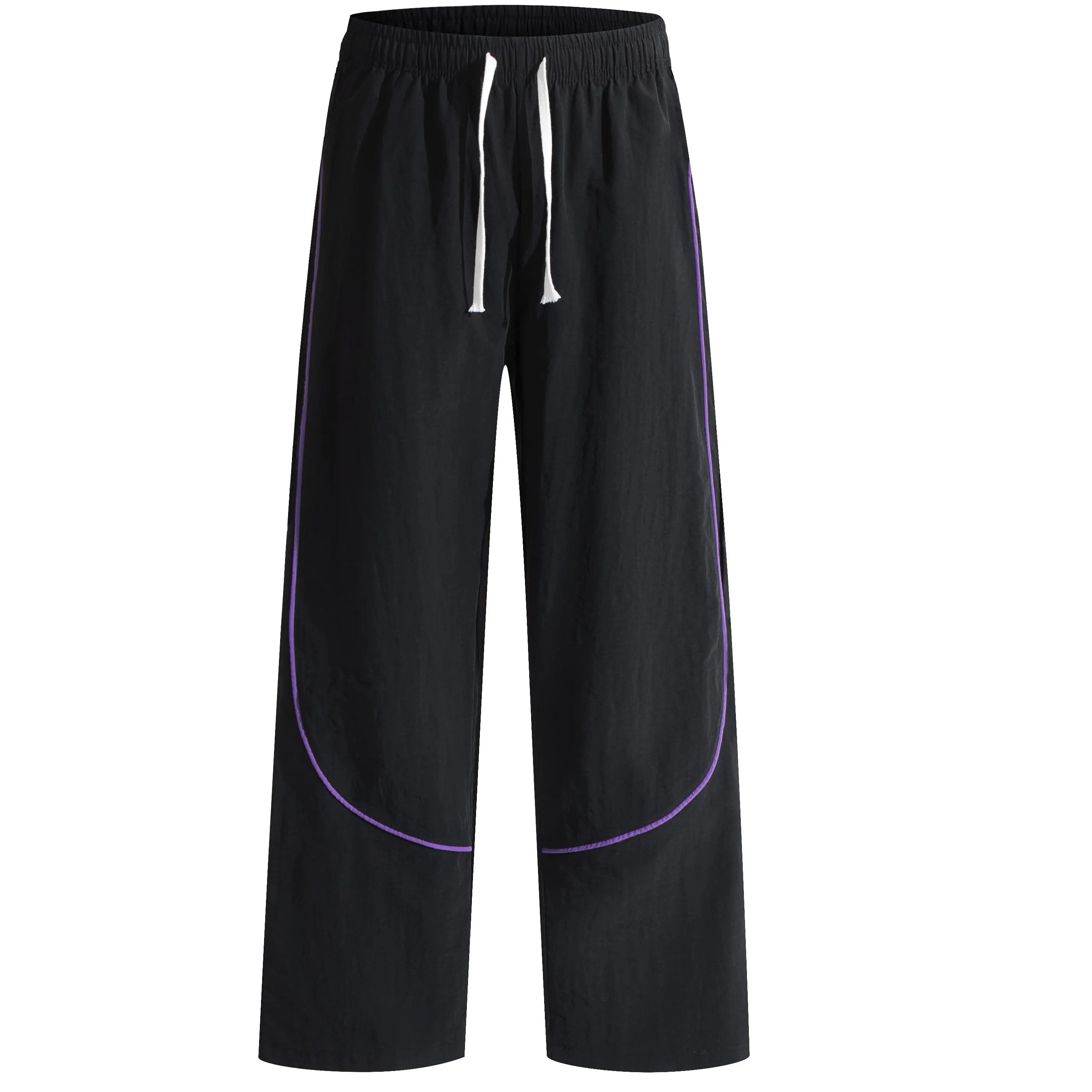 Men's purple track pants with curved piping, elastic drawstring waist, loose wide legs, lightweight windbreaker streetwear trousers