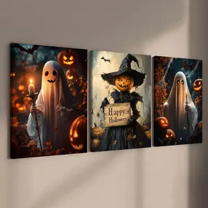 Wooden Framed Canvas Painting, 3 Counts/set Scary Pumpkin Head Witch & Ghost Pattern Print Wall Art, Wall Decor for Home Living Room Bedroom