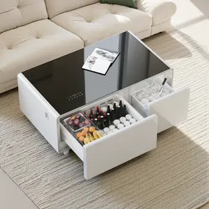 Smart Coffee Table with Fridge and Freezer, Wireless Charging, Bluetooth Speaker, LED Lights