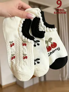9 Pairs Cute Cherry Pattern Women's Short Socks, Comfortable and Breathable, Preppy Style, Slim-Fitting, Cartoon Design