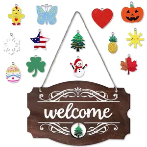4th of July Welcome Sign with Holiday Pendants Wood Welcome Door Decor 14 x 9 Inch Welcome Porch Sign for Home Front Door Yard Window Garden Decor