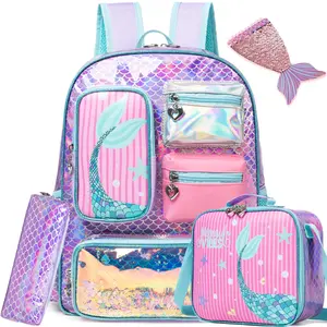 3-Piece Mermaid Backpack Set for Girls | Iridescent Fish Scale School Bag with Lunch Box and Pencil Case | Waterproof Cute Shiny Bookbag for Elementary Kids smooth zipper