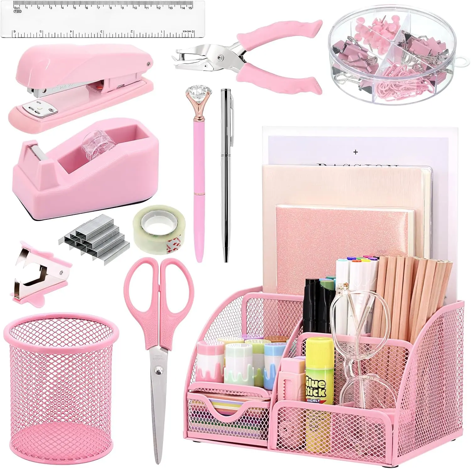 13-in-1 Office Desk Organizer Set with Stapler and Tape Dispenser, Pen Holder, , Ruler, Hole Punch, 2 Pens & More Desktop Accessories for  to School Supplies ()