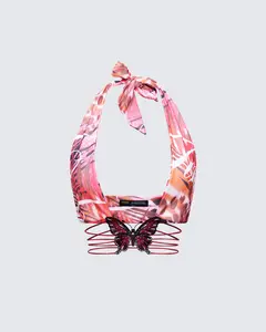 Cece Orange Printed Halterneck Top