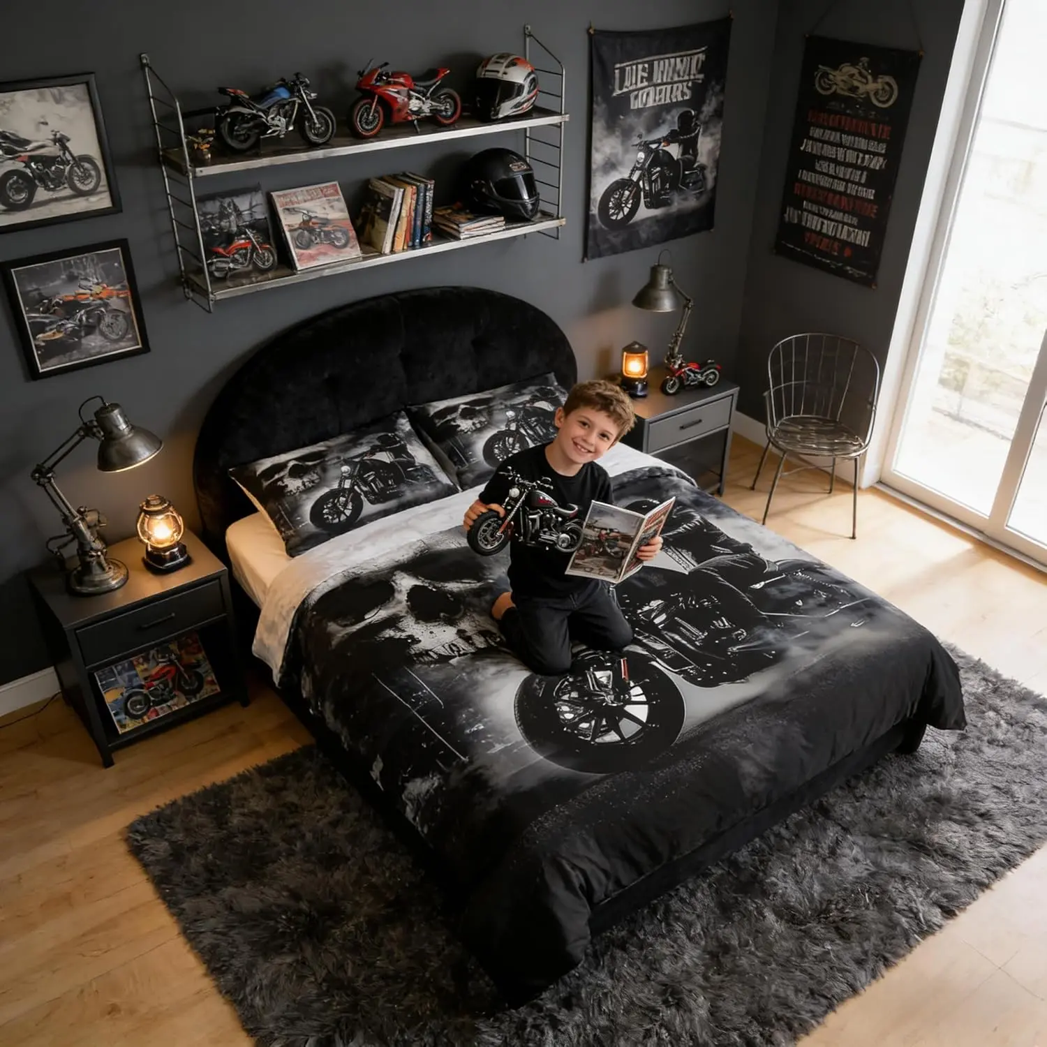 Black Motorcycle Rider Comforter Cover Set Gray Skull and Mist Decor Duvet Cover,Extreme Sport Men Bedding Set Microfiber Polyester Chic Quilt Cover Set