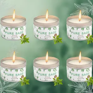 6 Pack Sage Candle for Cleansing House Negative Energy, Scented Candles Gifts Set for Women, Travel Tin Candles 4.4oz 6 Pack, Alternative to Smudge Sticks, Relax & Mind, Mother's Day Gift