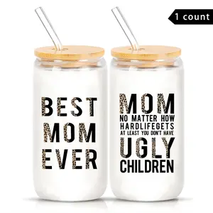 16oz Glass Cup with Straw & Brush, 1 Count Letter Pattern Glass Cup with Lid, Gift for Mom, Party Favors, Birthday Gift, Party Supplies, Tumbler, Glass Drinking Cup