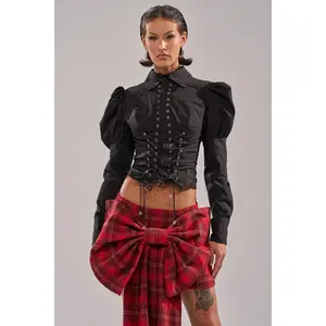 DAKOTA LACE UP BUTTON-DOWN BLOUSE IN BLACK