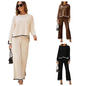 Brave-Luxe Women's Sweater Set Long Sleeve Knitted Round Neck Home Clothes Elastic Waistband Simple Women Basic Style Women's Clothing Set Casual Fashion Soft Material High Quality Knitted Top and Comfortable Wide Leg Pants Set
