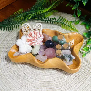 FNYDOX Crystal Tray for Rocks, Gems, and Healing Stones, Wooden Offering Bowl, Crystal Storage Holder, Decorative Display Tray, Crystal Organizer, Zen Bowl, Tray for Essential Oils