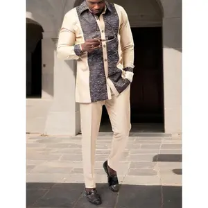 Traditional Muslim African Style Men's Wedding Suit Set, Round Neck Long Sleeve Top and Pants, 2 Piece Set, Formal Wear