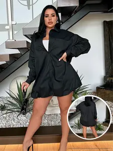 USBoutique Chic Women's Black Plain Button Front Drop Shoulder Shirt Dress Casual Long Sleeve Collared Pocket Dress for Spring Fall Daily Wear Minimalist Basic