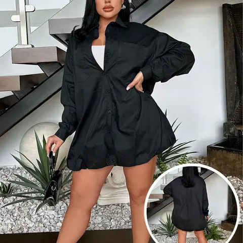 USBoutique Chic Women's Black Plain Button Front Drop Shoulder Shirt Dress Casual Long Sleeve Collared Pocket Dress for Spring Fall Daily Wear Minimalist Basic