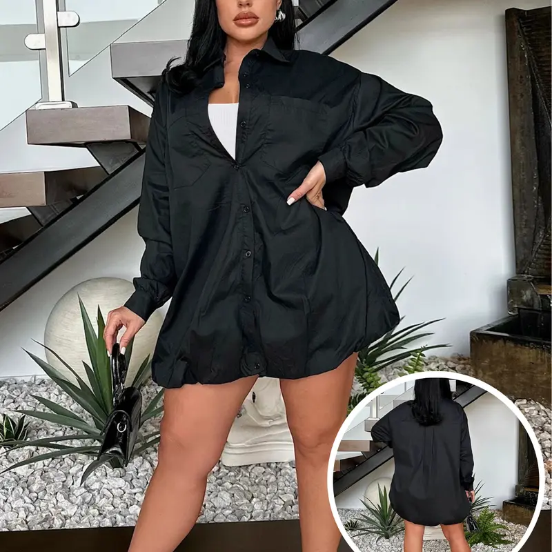 USBoutique Chic Women's Black Plain Button Front Drop Shoulder Shirt Dress Casual Long Sleeve Collared Pocket Dress for Spring Fall Daily Wear Minimalist Basic