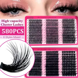 Mikiwi 580PCS Russian Lash Extensions Kit Spikes D-Curly 10-18MM 6 Styles Natural Look Reusable Wispy Ultra Soft DIY Eyelash Clusters for Halloween Makeup