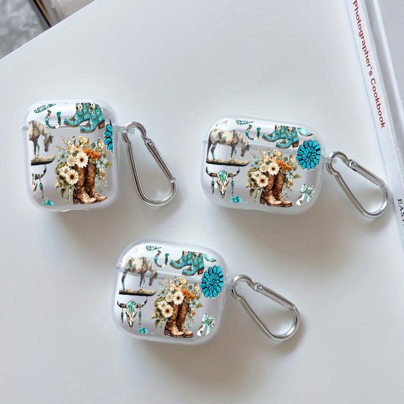 Western Charm Collage Pattern Protective Case for AirPods 4/3/2/1/Pro/Pro2 Soft TPU Earphone Cover, Transparent with Keychain