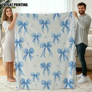 Cozy Blue Ribbon Throw Blanket - Soft Plush Polyester Blanket with Elegant Bow Design, Light Blue Ribbon & Bow Accents for Sofa, Bed, Couch, Office, Travel - All-Season Gift, Blanket for Couch, Sofa Accessory, Contemporary Style, Flannel Fabric