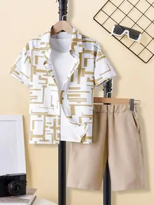 Boys' Fashion Rest Set, Short Sleeve Shirt Set, Cool Graffiti Design, Breathable Fabric, Loose Fit, Casual Style, Kids Clothing