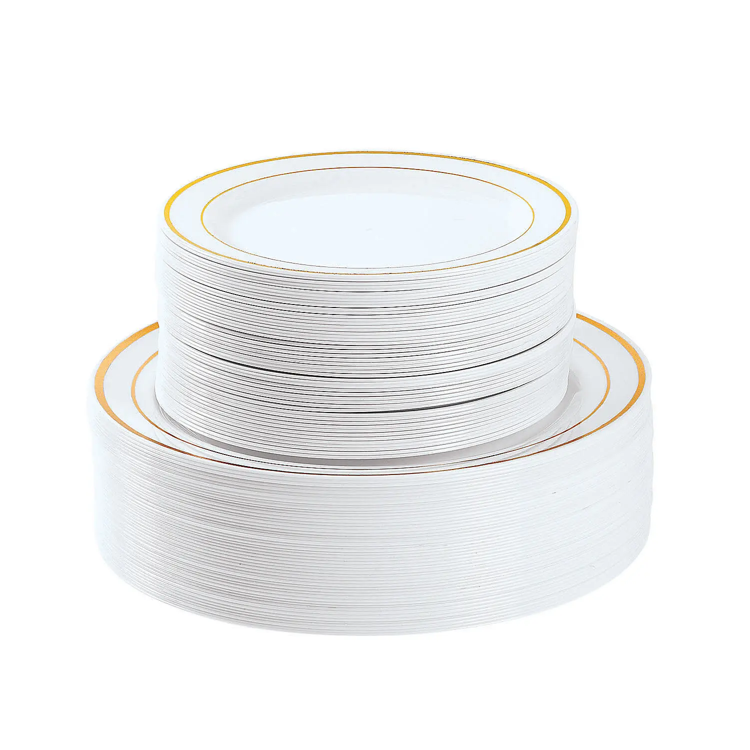 Elegant Disposable Dinner Plates - Bulk 100 Ct. Premium White Plastic Plates with Gold Trim, 2 Sizes for Wedding Table Setting, Two Sizes