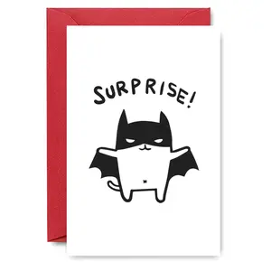 Bat-Cat Surprise Card - Playful Feline in Batman-Style Mask & Wings with Bold Handwritten 'SURPRISE!' Text, Minimalist Black & White Design, Perfect for Surprise Parties, Fun Party Cards, Perfect Gift for Superhero Fans & Cat Lovers, Halloween